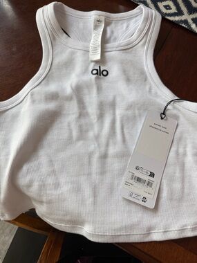 ALO Yoga White Ribbed Tank Top with Black Logo